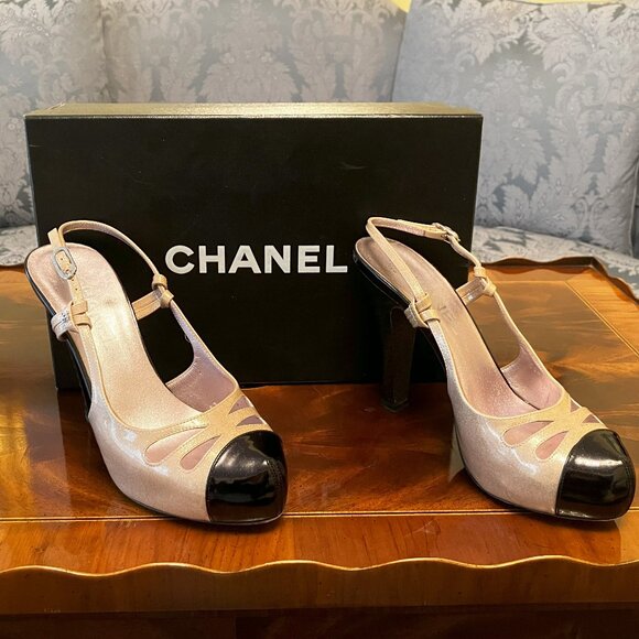💯Authentic CHANEL Pink/Black Glitter Slingbacks - Size 37 - Picture 2 of 15